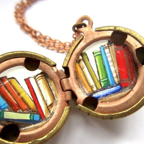 Hand-painted Library Books - Tiny Colorful Books Inside a Vintage Locket - Red, Orange, Yellow, Blue and Green