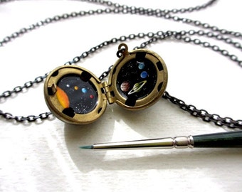 Solar System Locket, Unique Patina, Hand-painted in Oil, Outer Space Miniature