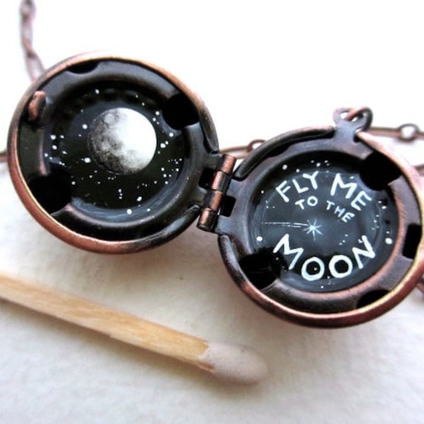 Hand-painted Moon Locket in Antique Copper - Black and White with Shooting Star and Full Moon