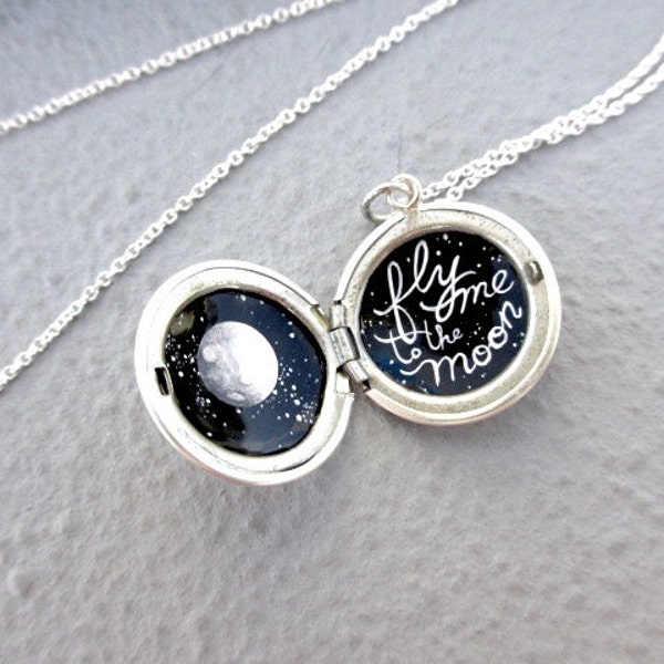 Fly Me to the Moon and Back Tiny Painting in Sterling Silver Locket