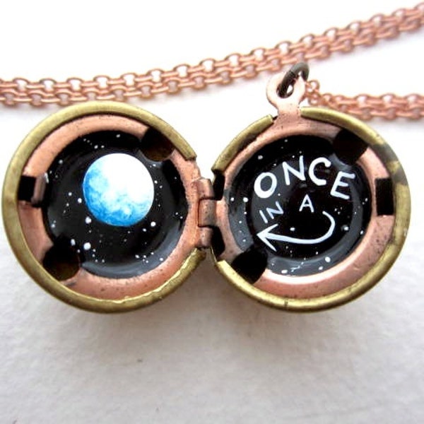 Blue Moon Locket - One of a Kind, Hand-painted in Oil - Black and White Starry Outerspace Background