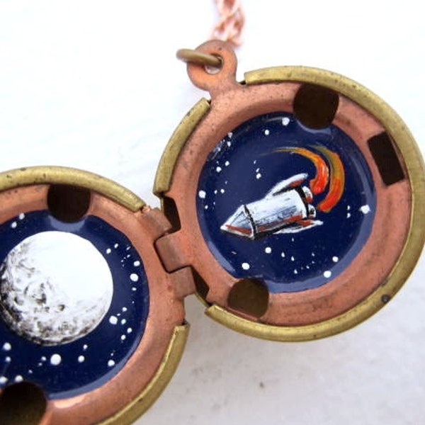 Rocket to the Moon, Hand-Painted Locket, Voyage to Outerspace, Vintage Stock Brass Ball