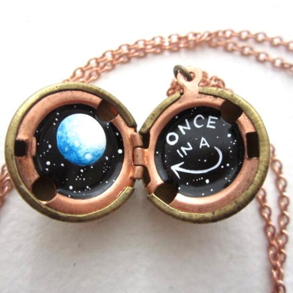 Blue Moon Locket - One of a Kind, Hand-painted in Oil - Black and White Starry Outerspace Background