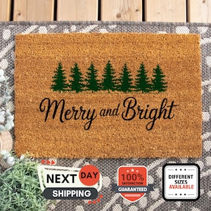 Merry And Bright Doormat, Christmas Tree Doormat, Entryway Decor, Front Porch Doormat, Holiday Porch Decor, Coir Doormat, Christmas Gift