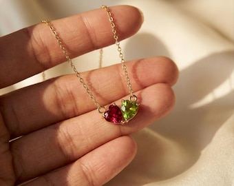 Two Hearts Become One - Personalized Birthstone Necklace | Custom Couples Gemstone Pendant | Anniversary & Promise Gift for Her