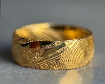 Unique 8mm Gold Damascus Steel Hammered Wedding Band for Men