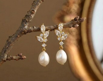 Natural Pearl Diamond Earrings, Crystal Bridal Earrings, Pearl Drop Earrings, Silver Leaf Earrings, Freshwater Pearl Wedding Earrings