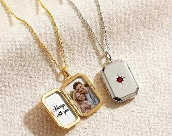 Personalized Photo Locket Necklace with Birthstone • Custom Engraved Memorial Keepsake • Christmas Gift for Her