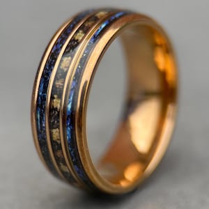 8mm Rose Gold Leaf Meteorite & Blue Opal Tungsten Ring - Gold Men&#39;s Wedding Band - Unique Promise Ring