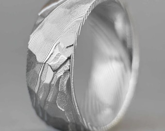 Unique 8mm Gold Damascus Steel Hammered Wedding Band for Men