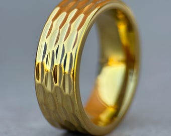 Freya Hand-Hammered gold Wedding Band, 8mm Axe-Inspired Engagement Ring