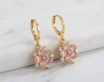 Cherry Blossom Earrings, Dainty Zirconia Flower Studs, Minimalist Pink Sakura Jewelry, Everyday Wear for Women & Girls