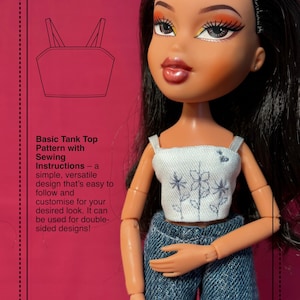 May include: A sewing pattern for a tank top with instructions. The pattern is on a pink background with a black outline. The text "TANK TOP" is at the top of the pattern. The instructions are below the pattern and include the text "Basic Tank Top Pattern with Sewing Instructions - a simple, versatile design that's easy to follow and customise for your desired look. It can be used for double-sided designs!"