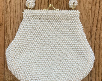 Corde 40s/50s White Bead Handbag with Original Inside Pocket Mirror/ Small Beaded Handbag/Like New