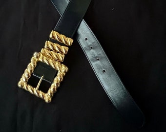 90s Escada Black Leather Belt with Large Gold Tone Square Cable Pattern Buckle/Three Gold Tone Buckle Holders/Made in Italy/ 28-31 inches