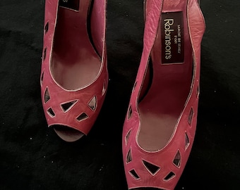 80s Does 40s Leather Peep Toe Heels: Raspberry Slingbacks, Robinsons Italy, Size 7.5