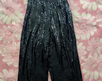 Jaren 80 ongelooflijke zwarte zijden pailletten hoog getailleerde broek van SAZ II/volledig gevoerd in zijde/vintage maat 12-28 inch taille