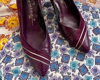 Charming Purple Suede and Leather Pointed Pumps with Silver Embellishment by Caressa/Made in Spain/Size 8M/Vintage 80s Pumps