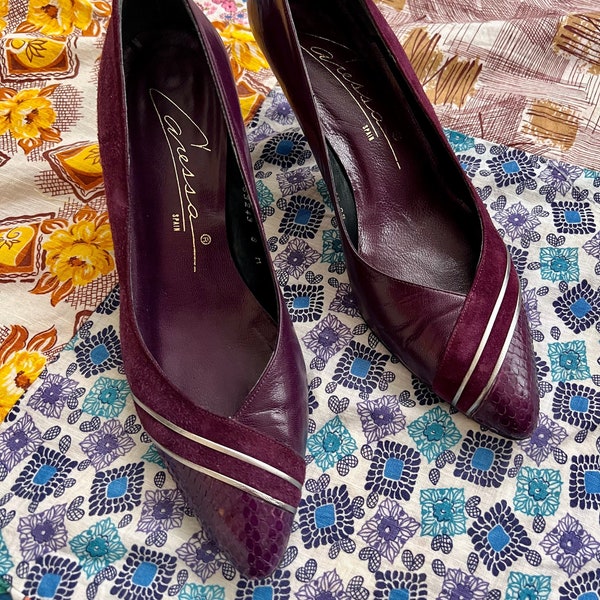 Charming Purple Suede and Leather Pointed Pumps with Silver Embellishment by Caressa/Made in Spain/Size 8M/Vintage 80s Pumps