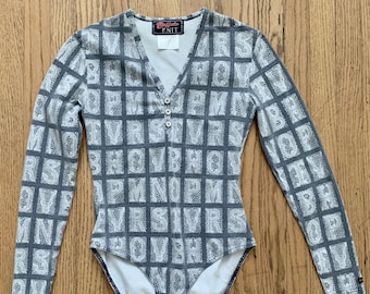 Amazing 1980's Long Sleeve Gray and White Printed Lace V Neck Leotard BodySuit with Letters of the Alphabet by Buffalo Knit Get Physical!