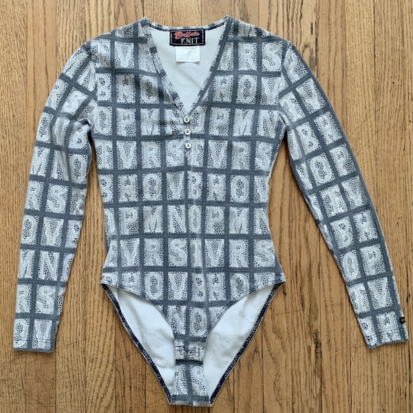 Amazing 1980's Long Sleeve Gray and White Printed Lace V Neck Leotard BodySuit with Letters of the Alphabet by Buffalo Knit Get Physical!