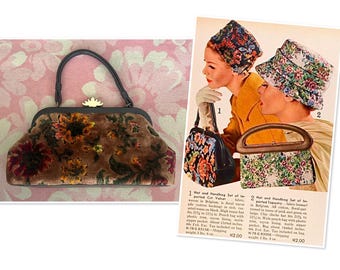 50s/60s Lassy USA Chenille Tapestry Carpet Bag Purse with Decorative Gold Tone Metal Clasp