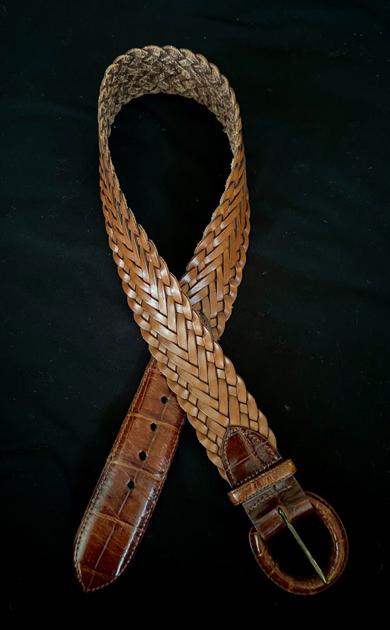 Brown Woven 1980s Belt with Crocodile Patent Leat… - image 3