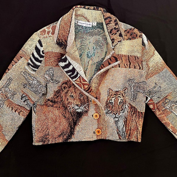 90s Jungle Tapestry Cropped Jacket by Laguna Casuals/Safari Scene with Elephant, Lion and Tigers/Size Small
