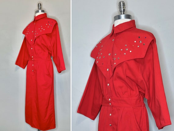 80s Fire Engine Red Cotton Denim Western Dress wi… - image 2