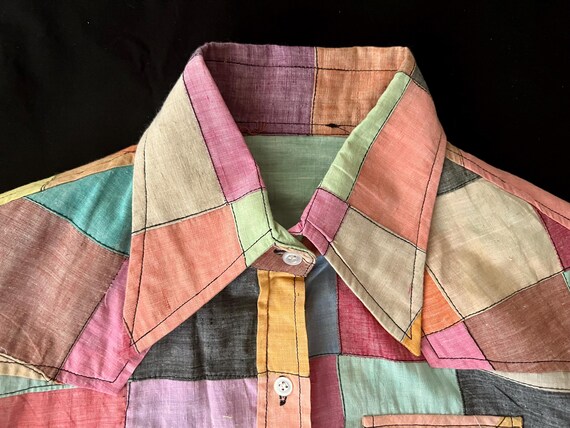 70s Boho Cotton Patchwork Madras Button Blouse wi… - image 3