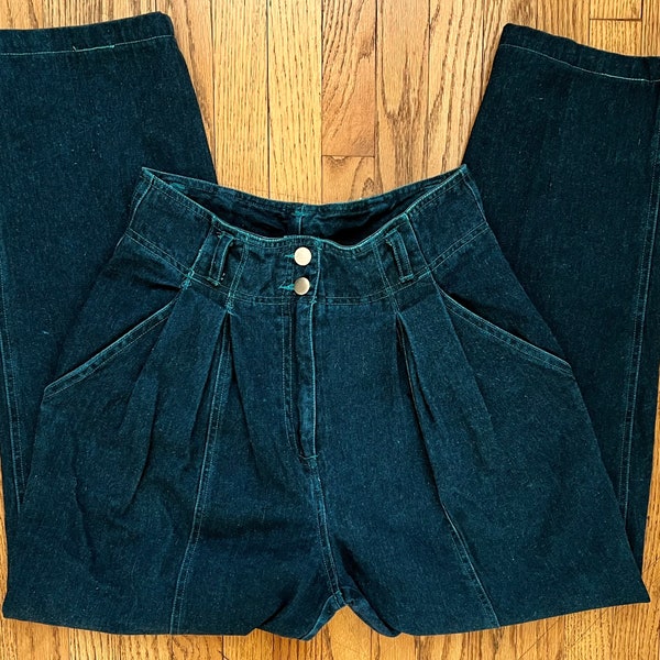 80s Carole Little for St. Tropez Wear High Waisted Dark Denim Pleated Jeans/Turquoise Topstitching/Tapered Legs/Size 8 High Waist 29 inches