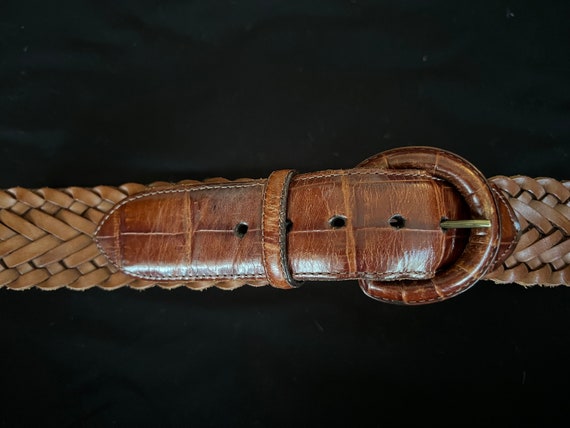 Brown Woven 1980s Belt with Crocodile Patent Leat… - image 5
