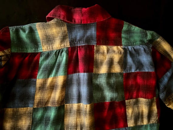 60s Mixed Plaid Flannel Patchwork Button Up Shirt… - image 5