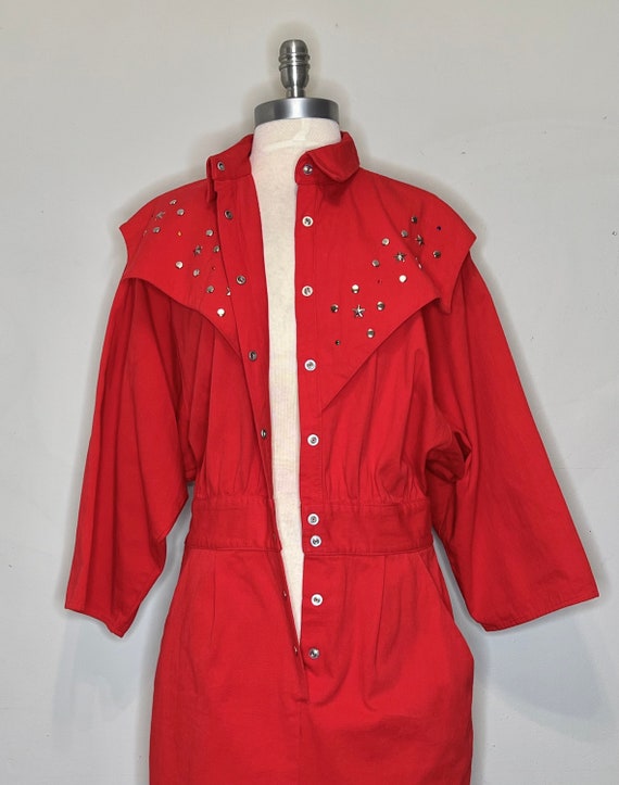 80s Fire Engine Red Cotton Denim Western Dress wi… - image 4