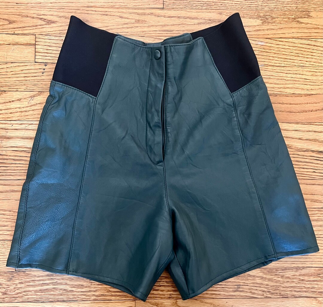 90s Dark Green Leather Shorts With Wide Elastic Side Panels/front Fly