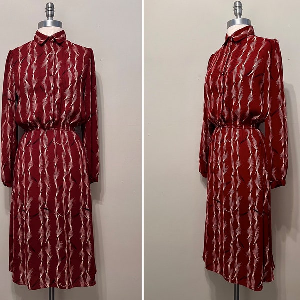 Jonathon Logan Deep Red Rust Swirly Print Polyester Shirtwaist Dress/Elastic Waist/Small Collar/Button Up Front Bodice/Vintage Size 11/12