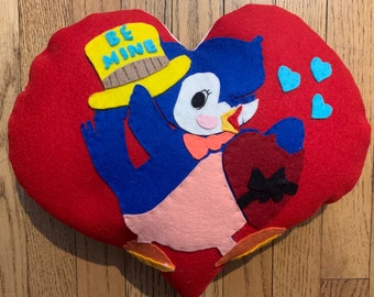 Handmade Vintage Style Wool Felt Heart Valentine  Decorative Pillow with BlueBird and Top Hat