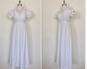 1970s Snow White Poly Maxi Dress with Butterfly Flutter Sleeves by Jerell of Texas/Cream Lace Trim/Sweetheart Neckline/Vintage Prairie Dress