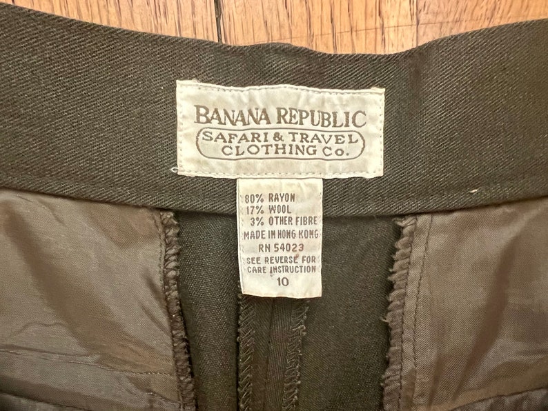 Late 80s Banana Republic Safari Travel Company Rayon Wool Blend Olive Drab Pleated Pants/High Waisted/Out of Africa/Vintage Size 10 image 8