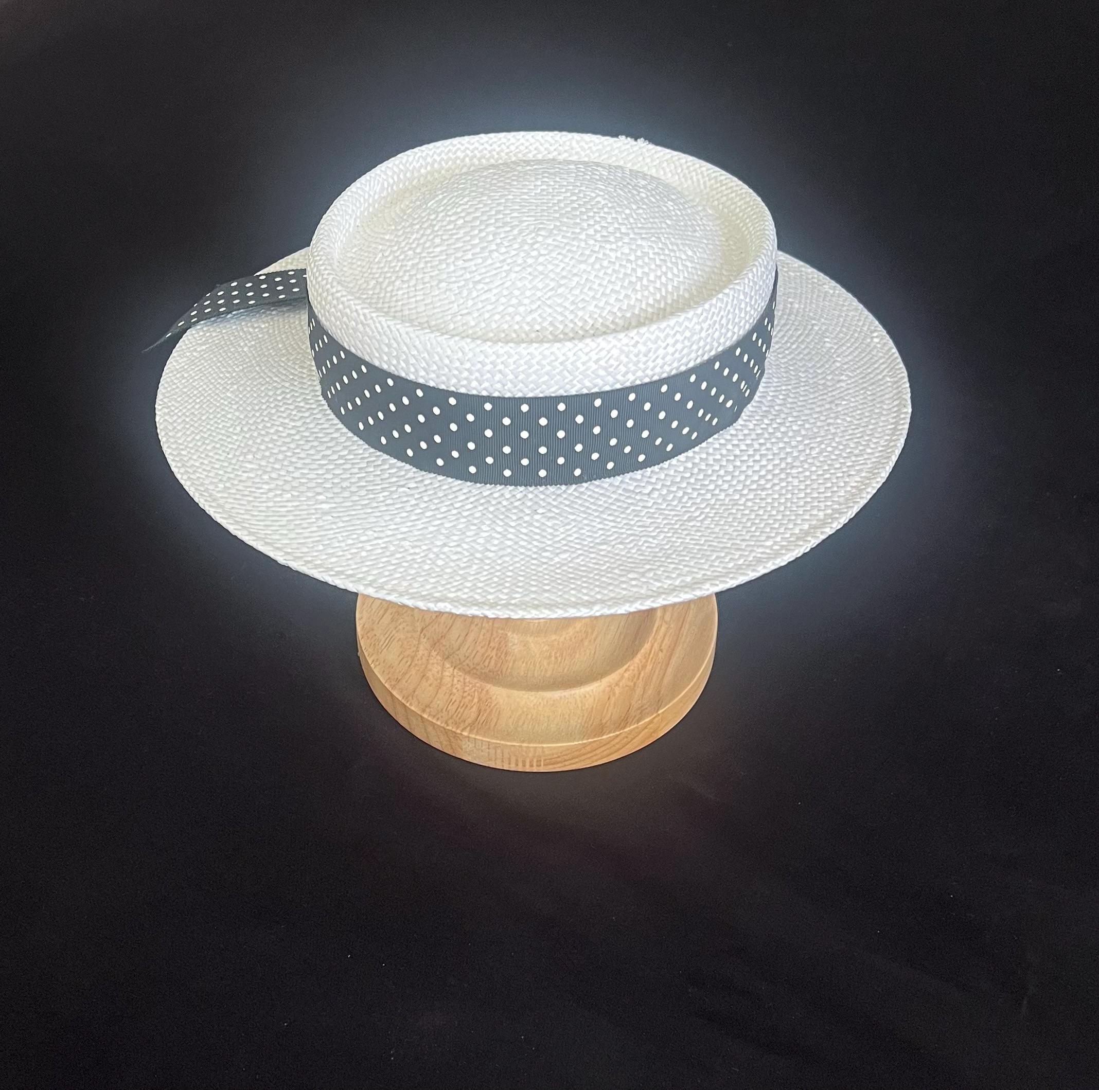 1980s White Straw Bowler Hat with Black and White Polka Dot Ribbon by Frank Olive for I Magnin/Size 6 3/4/XXS