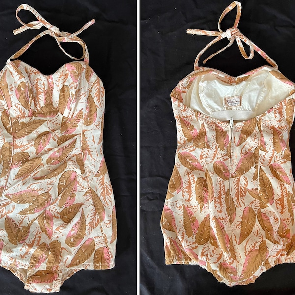 1950s Leaf Print Catalina Masterpiece One Piece Swimsuit/Ruched Front/Structured Bust and Body/Adjustable Button Halter Straps/Size 10/32