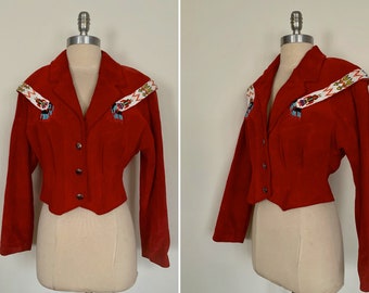 Vintage Bright Red Suede Western Cut Cropped Jacket with Native American Beading by Pioneer Wear Bust 34 inches