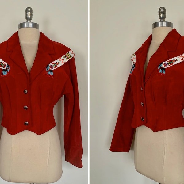 Vintage Bright Red Suede Western Cut Cropped Jacket with Native American Beading by Pioneer Wear Bust 34 inches