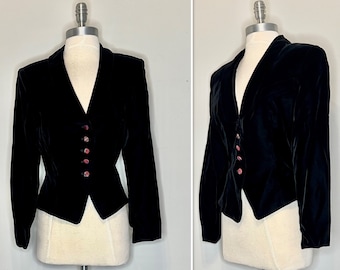 90s Does 40s Charter Club Black Soft Velvet Goth Blazer with Taffeta Plaid Buttons/Pointed Front Edges/Shawl Lapel/Back Vent/Vintage Size 8