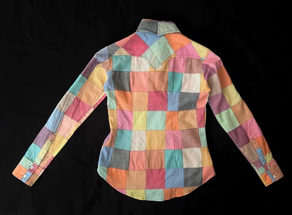 70s Boho Cotton Patchwork Madras Button Blouse wi… - image 2
