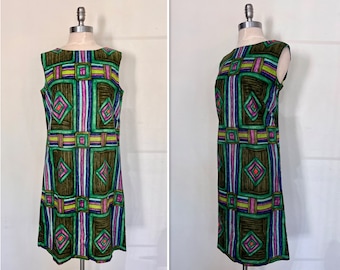 1960's Vibrant Mod Print Sleeveless Shift Dress by McMullen of Glen Falls N.Y./Vintage Polished Cotton Sheath Dress/Fun Graphic Fabric