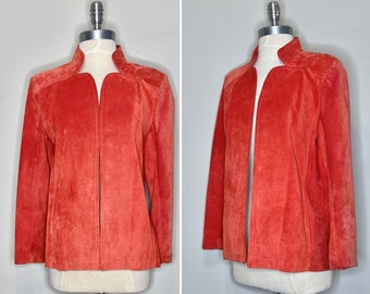 80s/90s Red Orange Suede Open Front Jacket by Maglia with Slash Pockets/Fully Lined/Slash Side Pockets/Bust 38 inches/Medium