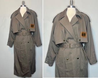 1980s Military Style Olive Drab Cotton Double Breasted Trench Coat by TOGETHER with Epaulet Shoulders/Waist Belt/Size 6