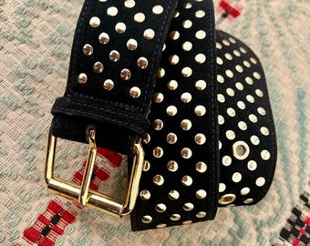 Vintage MOSCHINO Redwall Suede Belt: Gold Studs, Wide Buckle, Made in Italy