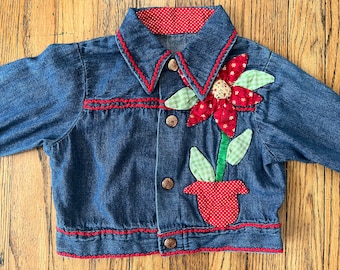 Kids Denim Jacket: Calico Flower Applique, Red Rick Rack Trim (2-3T)